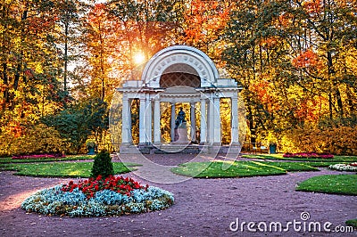 Flowers and the monument to Maria Fedorovna Stock Photo